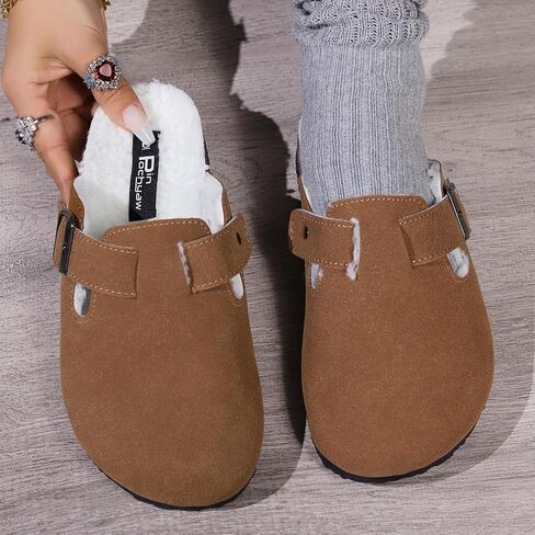 Women's Faux Suede Slip-On Clogs with Buckle Strap Faux Fur Lining Womens Slippers in Saudi Arabia