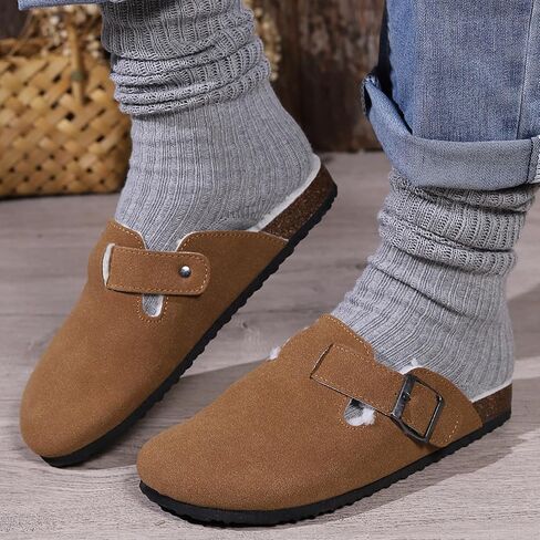 Women's Faux Suede Slip-On Clogs with Buckle Strap Faux Fur Lining Womens Slippers in Saudi Arabia