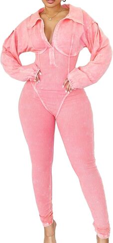 Jumpsuits for Women Casual Long Sleeve Bodycon Ribbed Rompers Sexy One Piece Jumpsuits Workout Outfits in Saudi Arabia