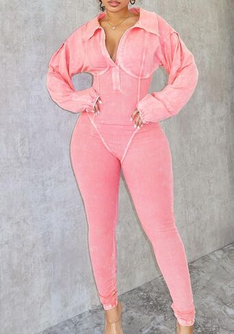 Jumpsuits for Women Casual Long Sleeve Bodycon Ribbed Rompers Sexy One Piece Jumpsuits Workout Outfits in Saudi Arabia