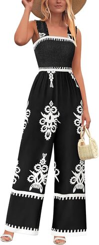 PRETTYGARDEN Womens Jumpsuit Casual One Piece Boho Summer Outfits Shirred Strap Wide Leg Long Pants Rompers With Pockets in Saudi Arabia