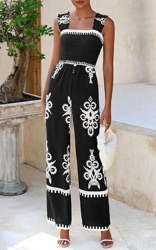 PRETTYGARDEN Womens Jumpsuit Casual One Piece Boho Summer Outfits Shirred Strap Wide Leg Long Pants Rompers With Pockets in Saudi Arabia