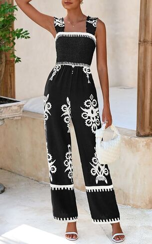 PRETTYGARDEN Womens Jumpsuit Casual One Piece Boho Summer Outfits Shirred Strap Wide Leg Long Pants Rompers With Pockets in Saudi Arabia