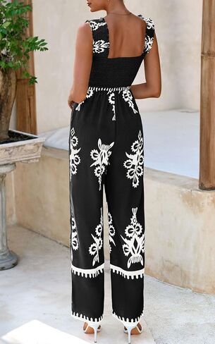 PRETTYGARDEN Womens Jumpsuit Casual One Piece Boho Summer Outfits Shirred Strap Wide Leg Long Pants Rompers With Pockets in Saudi Arabia