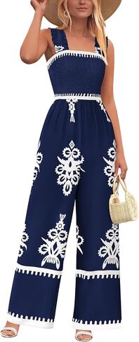 PRETTYGARDEN Womens Jumpsuit Casual One Piece Boho Summer Outfits Shirred Strap Wide Leg Long Pants Rompers With Pockets in Saudi Arabia
