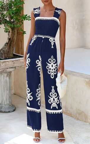 PRETTYGARDEN Womens Jumpsuit Casual One Piece Boho Summer Outfits Shirred Strap Wide Leg Long Pants Rompers With Pockets in Saudi Arabia