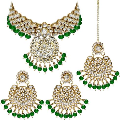 Aheli Elegant Wedding Party Wear Faux Kundan Studded Short Necklace Earrings with Maang Tikka Set Indian Ethnic Bollywood Fashion Jewelry Gift for Women in Saudi Arabia