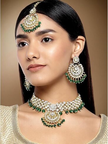 Aheli Elegant Wedding Party Wear Faux Kundan Studded Short Necklace Earrings with Maang Tikka Set Indian Ethnic Bollywood Fashion Jewelry Gift for Women in Saudi Arabia