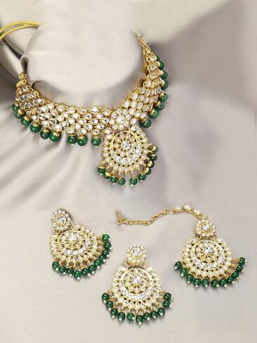 Aheli Elegant Wedding Party Wear Faux Kundan Studded Short Necklace Earrings with Maang Tikka Set Indian Ethnic Bollywood Fashion Jewelry Gift for Women in Saudi Arabia