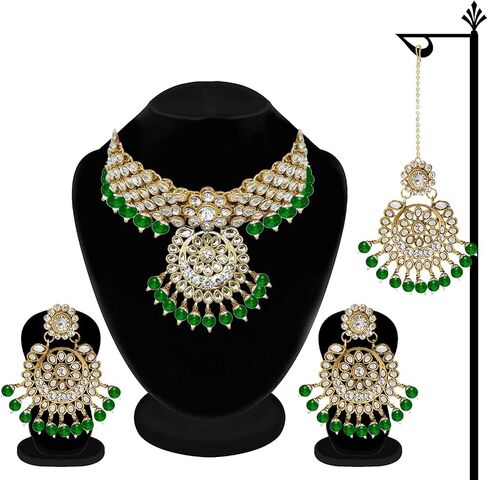 Aheli Elegant Wedding Party Wear Faux Kundan Studded Short Necklace Earrings with Maang Tikka Set Indian Ethnic Bollywood Fashion Jewelry Gift for Women in Saudi Arabia