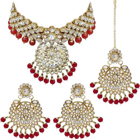 Aheli Elegant Wedding Party Wear Faux Kundan Studded Short Necklace Earrings with Maang Tikka Set Indian Ethnic Bollywood Fashion Jewelry Gift for Women in Saudi Arabia
