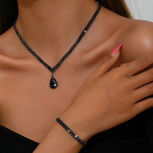Octwine Silver Blue Black Rhinestones Bridal Necklace Earrings Set Wedding Rhinestone Necklace Dangle Earrings Bracelet Sets for Brides Bridesmaid Crystal Prom Party Accessories for Women in Saudi Arabia