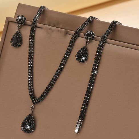 Octwine Silver Blue Black Rhinestones Bridal Necklace Earrings Set Wedding Rhinestone Necklace Dangle Earrings Bracelet Sets for Brides Bridesmaid Crystal Prom Party Accessories for Women in Saudi Arabia