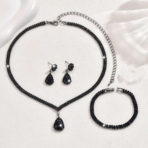 Octwine Silver Blue Black Rhinestones Bridal Necklace Earrings Set Wedding Rhinestone Necklace Dangle Earrings Bracelet Sets for Brides Bridesmaid Crystal Prom Party Accessories for Women in Saudi Arabia