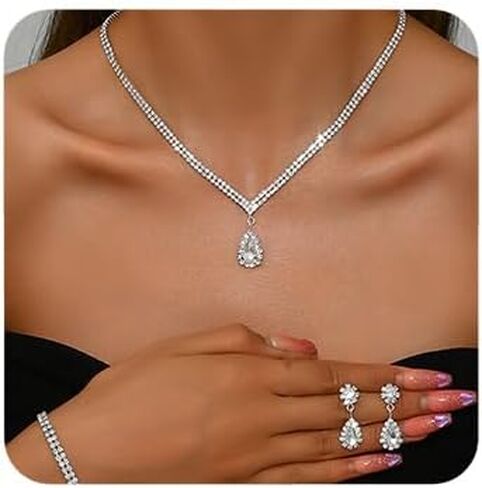 Octwine Silver Blue Black Rhinestones Bridal Necklace Earrings Set Wedding Rhinestone Necklace Dangle Earrings Bracelet Sets for Brides Bridesmaid Crystal Prom Party Accessories for Women in Saudi Arabia
