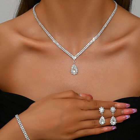 Octwine Silver Blue Black Rhinestones Bridal Necklace Earrings Set Wedding Rhinestone Necklace Dangle Earrings Bracelet Sets for Brides Bridesmaid Crystal Prom Party Accessories for Women in Saudi Arabia