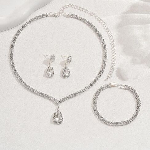 Octwine Silver Blue Black Rhinestones Bridal Necklace Earrings Set Wedding Rhinestone Necklace Dangle Earrings Bracelet Sets for Brides Bridesmaid Crystal Prom Party Accessories for Women in Saudi Arabia