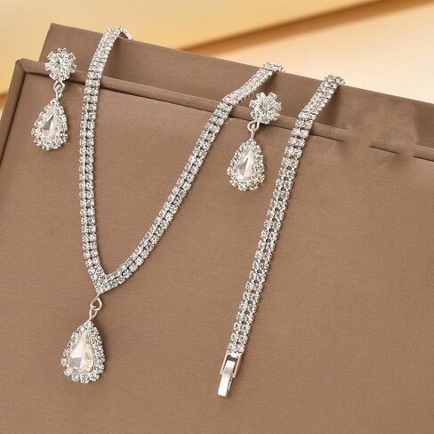 Octwine Silver Blue Black Rhinestones Bridal Necklace Earrings Set Wedding Rhinestone Necklace Dangle Earrings Bracelet Sets for Brides Bridesmaid Crystal Prom Party Accessories for Women in Saudi Arabia