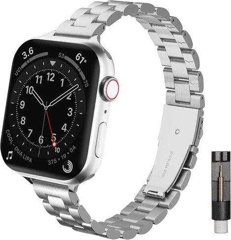 Burloreme Solid Slim Metal Bands Compatible with Apple Watch Band Series 9 8 7 6 5 4 3 2 1 SE Ultra, 38mm 40mm 41mm 42mm 44mm 45mm 49mm, Thin Stainless Steel Chain Strap for Women iWatch Bands in Kuwait