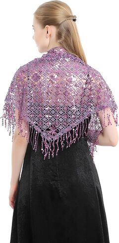 Women's Glittering Triangle Scarf Mesh Sequin Wedding Cape Fringed Evening Shawl Wrap in Saudi Arabia