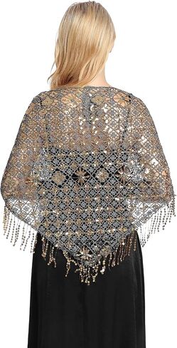 Women's Glittering Triangle Scarf Mesh Sequin Wedding Cape Fringed Evening Shawl Wrap in Saudi Arabia