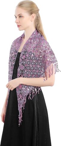 Women's Glittering Triangle Scarf Mesh Sequin Wedding Cape Fringed Evening Shawl Wrap in Saudi Arabia