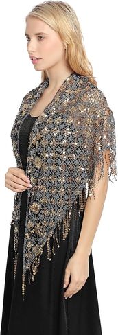 Women's Glittering Triangle Scarf Mesh Sequin Wedding Cape Fringed Evening Shawl Wrap in Saudi Arabia
