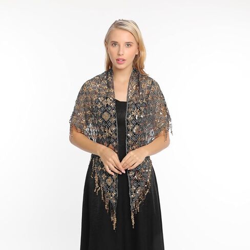 Women's Glittering Triangle Scarf Mesh Sequin Wedding Cape Fringed Evening Shawl Wrap in Saudi Arabia