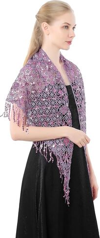 Women's Glittering Triangle Scarf Mesh Sequin Wedding Cape Fringed Evening Shawl Wrap in Saudi Arabia