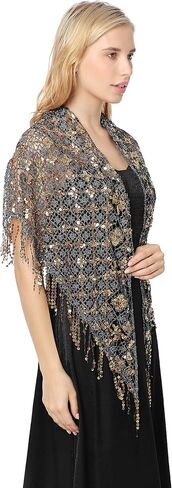 Women's Glittering Triangle Scarf Mesh Sequin Wedding Cape Fringed Evening Shawl Wrap in Saudi Arabia