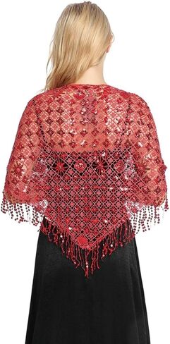 Women's Glittering Triangle Scarf Mesh Sequin Wedding Cape Fringed Evening Shawl Wrap in Saudi Arabia
