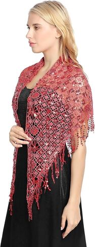 Women's Glittering Triangle Scarf Mesh Sequin Wedding Cape Fringed Evening Shawl Wrap in Saudi Arabia