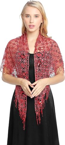 Women's Glittering Triangle Scarf Mesh Sequin Wedding Cape Fringed Evening Shawl Wrap in Saudi Arabia