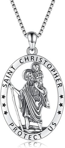 Sterling Silver Saint Christopher Micheal Jude Thaddaeus Virgin Mary Lady of Guadalupe Necklace Women Men Medal Oval-Shaped Pendant Amulet Jewelry Gift in Saudi Arabia
