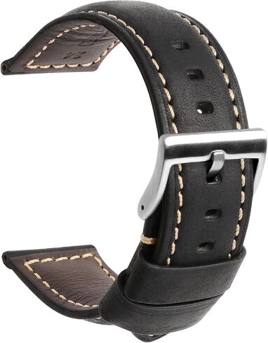 TStrap Leather Watch Band 20mm 22mm 24mm - Black Vintage Soft Watch Strap for Men Thickly - Padded Smart Watch Bands Bracelet w/Black Clasp Buckle Replacement in Saudi Arabia