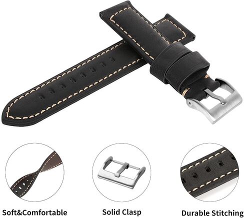 TStrap Leather Watch Band 20mm 22mm 24mm - Black Vintage Soft Watch Strap for Men Thickly - Padded Smart Watch Bands Bracelet w/Black Clasp Buckle Replacement in Saudi Arabia
