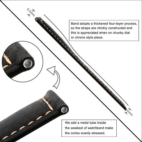 TStrap Leather Watch Band 20mm 22mm 24mm - Black Vintage Soft Watch Strap for Men Thickly - Padded Smart Watch Bands Bracelet w/Black Clasp Buckle Replacement in Kuwait