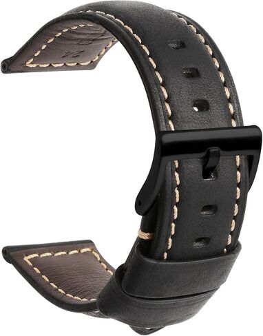 TStrap Leather Watch Band 20mm 22mm 24mm - Black Vintage Soft Watch Strap for Men Thickly - Padded Smart Watch Bands Bracelet w/Black Clasp Buckle Replacement in Kuwait