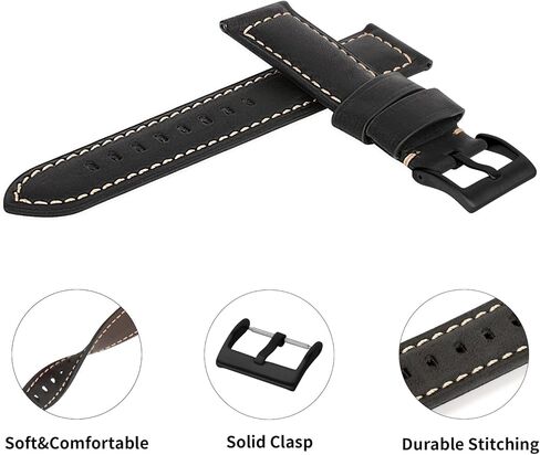 TStrap Leather Watch Band 20mm 22mm 24mm - Black Vintage Soft Watch Strap for Men Thickly - Padded Smart Watch Bands Bracelet w/Black Clasp Buckle Replacement in Kuwait