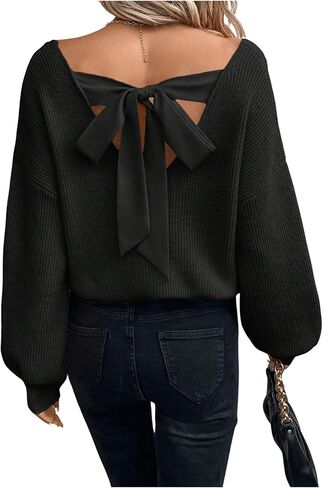 WDIRARA Women's Bow Sweaters Long Sleeve Backless V Neck Oversized Knit Pullover Sweater in Saudi Arabia