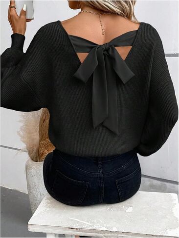WDIRARA Women's Bow Sweaters Long Sleeve Backless V Neck Oversized Knit Pullover Sweater in Saudi Arabia
