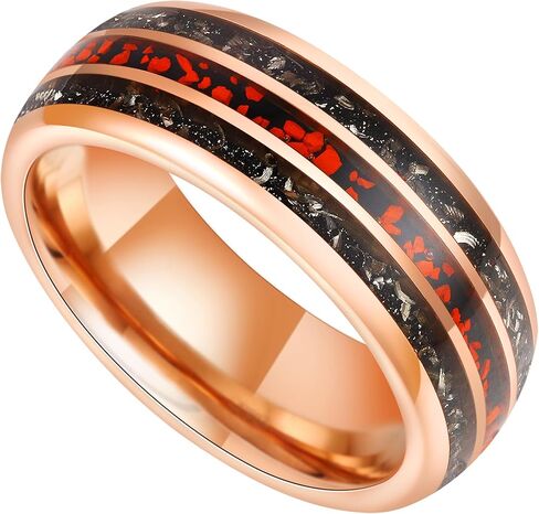 8mm Tungsten Rings for Men Rose Gold Men's Wedding Engagement Promise Bands with Meteorite/Dinosaur Bone/Wood/Blue Green Opal Chips Inlay Dome Polished Comfort Fit Size 7-14 in Kuwait