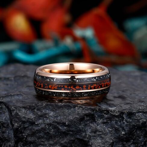8mm Tungsten Rings for Men Rose Gold Men's Wedding Engagement Promise Bands with Meteorite/Dinosaur Bone/Wood/Blue Green Opal Chips Inlay Dome Polished Comfort Fit Size 7-14 in Kuwait