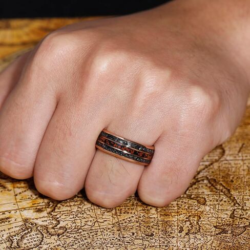 8mm Tungsten Rings for Men Rose Gold Men's Wedding Engagement Promise Bands with Meteorite/Dinosaur Bone/Wood/Blue Green Opal Chips Inlay Dome Polished Comfort Fit Size 7-14 in Kuwait