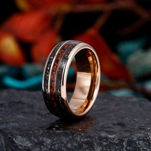 8mm Tungsten Rings for Men Rose Gold Men's Wedding Engagement Promise Bands with Meteorite/Dinosaur Bone/Wood/Blue Green Opal Chips Inlay Dome Polished Comfort Fit Size 7-14 in Kuwait