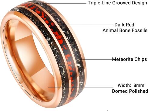 8mm Tungsten Rings for Men Rose Gold Men's Wedding Engagement Promise Bands with Meteorite/Dinosaur Bone/Wood/Blue Green Opal Chips Inlay Dome Polished Comfort Fit Size 7-14 in Kuwait