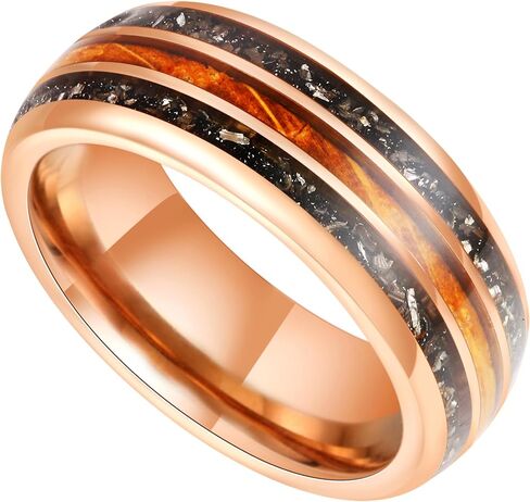 8mm Tungsten Rings for Men Rose Gold Men's Wedding Engagement Promise Bands with Meteorite/Dinosaur Bone/Wood/Blue Green Opal Chips Inlay Dome Polished Comfort Fit Size 7-14 in Kuwait