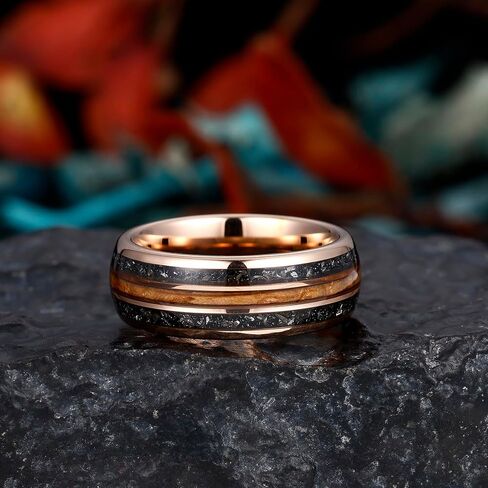 8mm Tungsten Rings for Men Rose Gold Men's Wedding Engagement Promise Bands with Meteorite/Dinosaur Bone/Wood/Blue Green Opal Chips Inlay Dome Polished Comfort Fit Size 7-14 in Kuwait