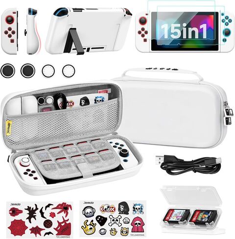 JEMDO Switch Carrying Case Accessories Kit Compatible with Switch,15in1 Accessories Travel Case,Bundle Storage Bag Set with Protective case, Screen Protector,Thumb Grip, Game Card Case,Stickers,Black in Saudi Arabia