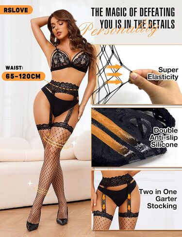 RSLOVE Fishnet Stockings for Women - Lace Top Thigh High Stockings Suspender Pantyhose with Antiskid Silicone in Kuwait